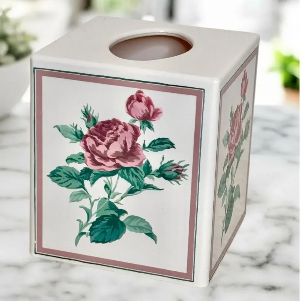 New Vintage SEARS Classic Rose Tissue Box Cover Floral Cottage Plastic Square